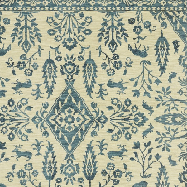 HomeRoots 5' Elegant Ivory and Blue Oriental Area Rug with Fringe - Stain Resistant, Ideal for Any Room 10' X 13' 574606