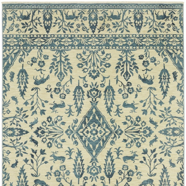 HomeRoots 5' Elegant Ivory and Blue Oriental Area Rug with Fringe - Stain Resistant, Ideal for Any Room 10' X 13' 574606