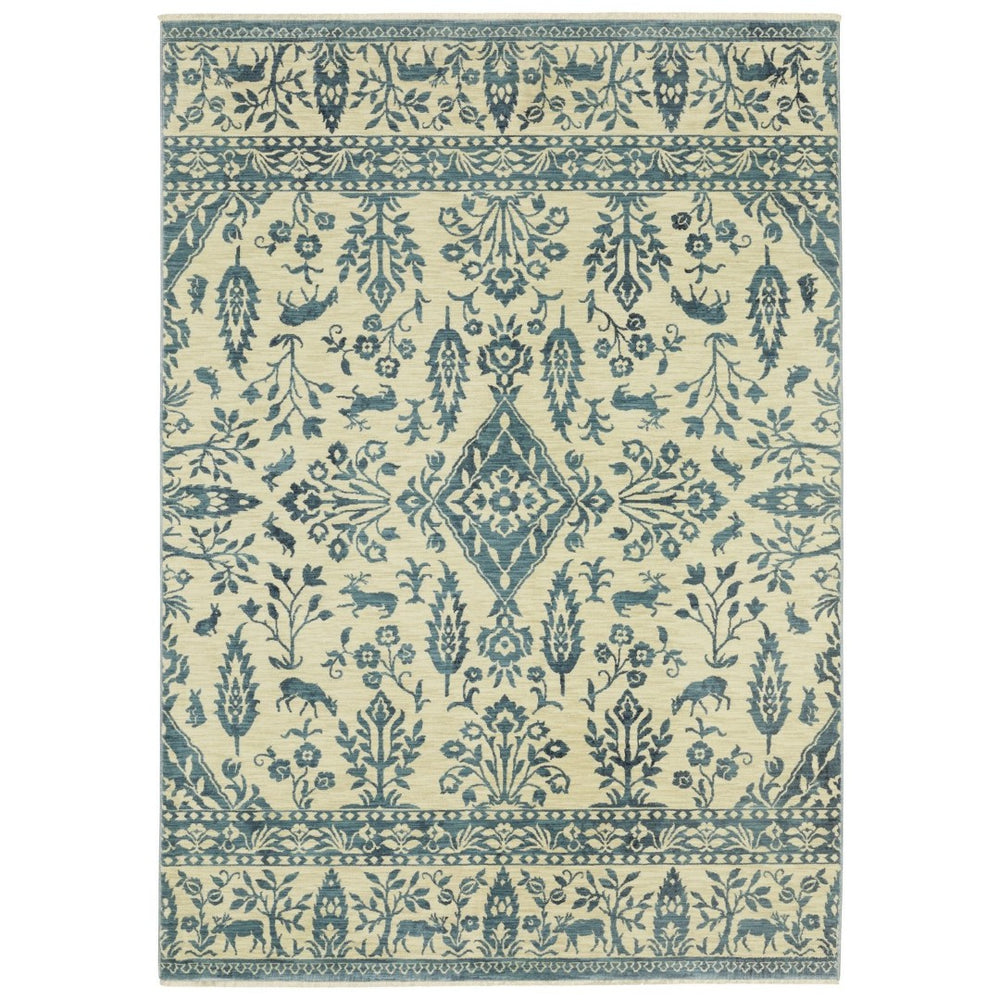 HomeRoots 5' Elegant Ivory and Blue Oriental Area Rug with Fringe - Stain Resistant, Ideal for Any Room 10' X 13' 574606