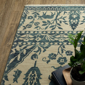 HomeRoots 5' Elegant Ivory and Blue Oriental Area Rug with Fringe - Stain Resistant, Ideal for Any Room 10' X 13' 574606