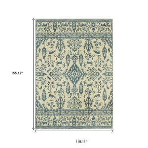 HomeRoots 5' Elegant Ivory and Blue Oriental Area Rug with Fringe - Stain Resistant, Ideal for Any Room 10' X 13' 574606