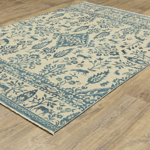 HomeRoots 5' Elegant Ivory and Blue Oriental Area Rug with Fringe - Stain Resistant, Ideal for Any Room 7' X 10' 574607
