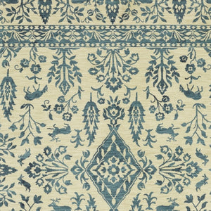 HomeRoots 5' Elegant Ivory and Blue Oriental Area Rug with Fringe - Stain Resistant, Ideal for Any Room 8' X 11' 574608