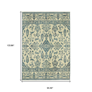 HomeRoots 5' Elegant Ivory and Blue Oriental Area Rug with Fringe - Stain Resistant, Ideal for Any Room 8' X 11' 574608
