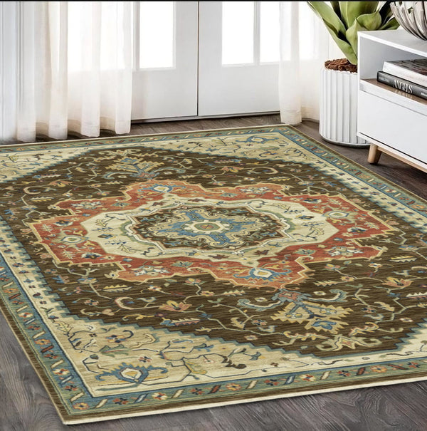 Homeroots 5' Brown Oriental Area Rug With Fringe - Stain Resistant, Warm Design Perfect For Homes With Kids & Pets 5' X 8' Polypropylene 574609