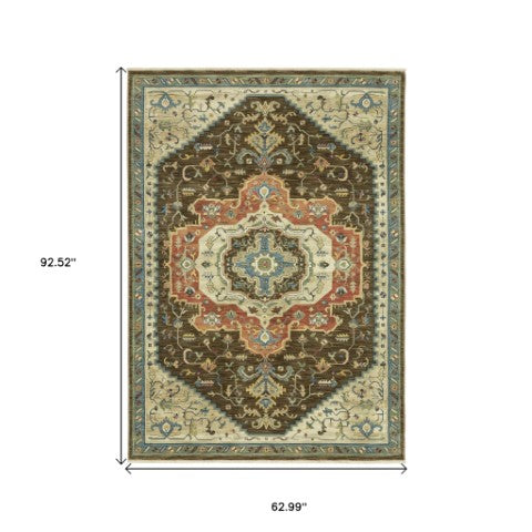 Homeroots 5' Brown Oriental Area Rug With Fringe - Stain Resistant, Warm Design Perfect For Homes With Kids & Pets 5' X 8' Polypropylene 574609