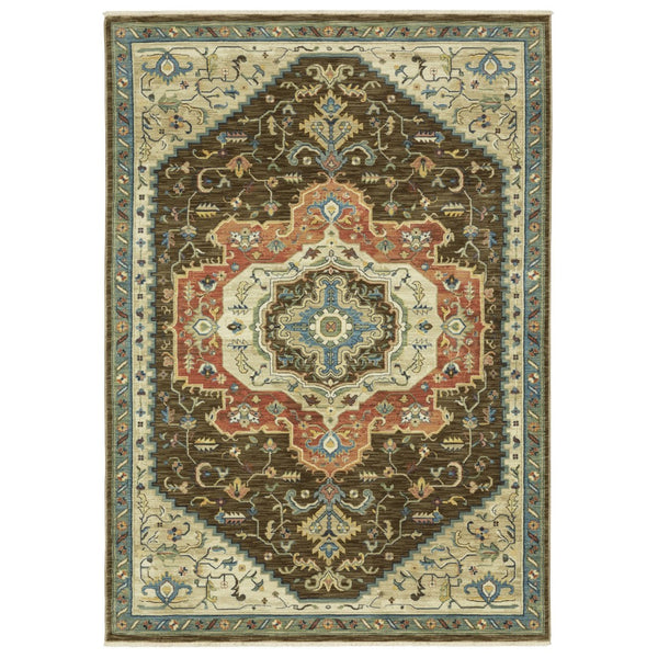 Homeroots 5' Brown Oriental Area Rug With Fringe - Stain Resistant, Warm Design Perfect For Homes With Kids & Pets 10' X 13' Polypropylene 574614