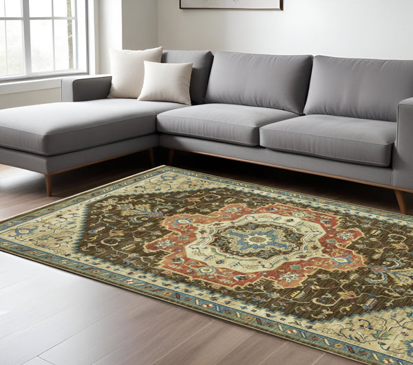 Homeroots 5' Brown Oriental Area Rug With Fringe - Stain Resistant, Warm Design Perfect For Homes With Kids & Pets 10' X 13' Polypropylene 574614