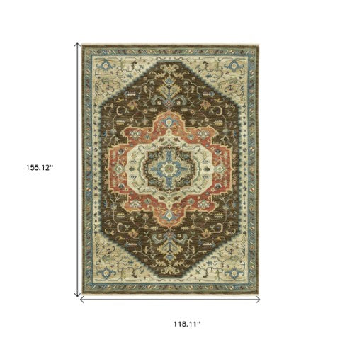 Homeroots 5' Brown Oriental Area Rug With Fringe - Stain Resistant, Warm Design Perfect For Homes With Kids & Pets 10' X 13' Polypropylene 574614
