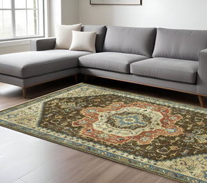 Homeroots 5' Brown Oriental Area Rug With Fringe - Stain Resistant, Warm Design Perfect For Homes With Kids & Pets 7' X 10' Polypropylene 574615