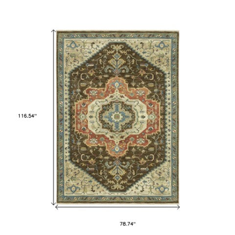 Homeroots 5' Brown Oriental Area Rug With Fringe - Stain Resistant, Warm Design Perfect For Homes With Kids & Pets 7' X 10' Polypropylene 574615