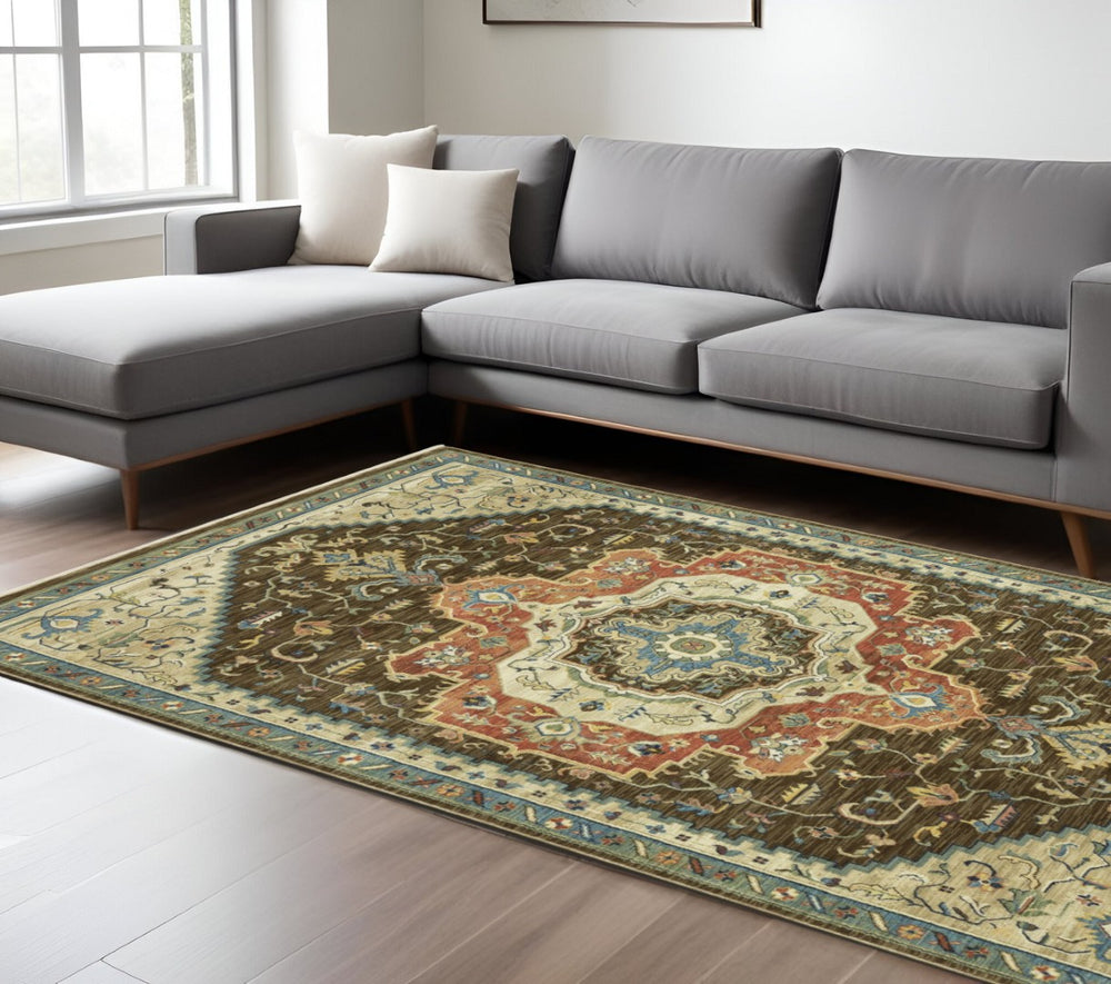 HomeRoots 5' Classic Brown and Orange Oriental Area Rug with Fringe - Durable, Stain-Resistant Design for Homes 8' X 11' 574616
