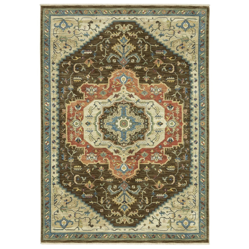 HomeRoots 5' Classic Brown and Orange Oriental Area Rug with Fringe - Durable, Stain-Resistant Design for Homes 8' X 11' 574616