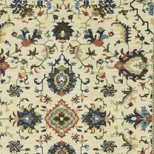 HomeRoots 5' Timeless Ivory Oriental Area Rug with Blue and Orange Accents – Durable, Stain-Resistant Design 5' X 8' 574617