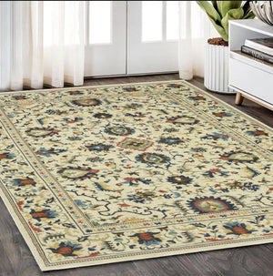 HomeRoots 5' Timeless Ivory Oriental Area Rug with Blue and Orange Accents – Durable, Stain-Resistant Design 5' X 8' 574617