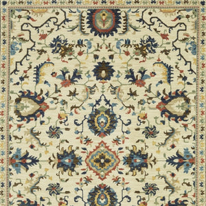HomeRoots 5' Timeless Ivory Oriental Area Rug with Blue and Orange Accents – Durable, Stain-Resistant Design 10' X 13' 574618