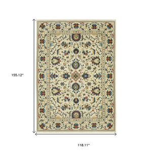 HomeRoots 5' Timeless Ivory Oriental Area Rug with Blue and Orange Accents – Durable, Stain-Resistant Design 10' X 13' 574618