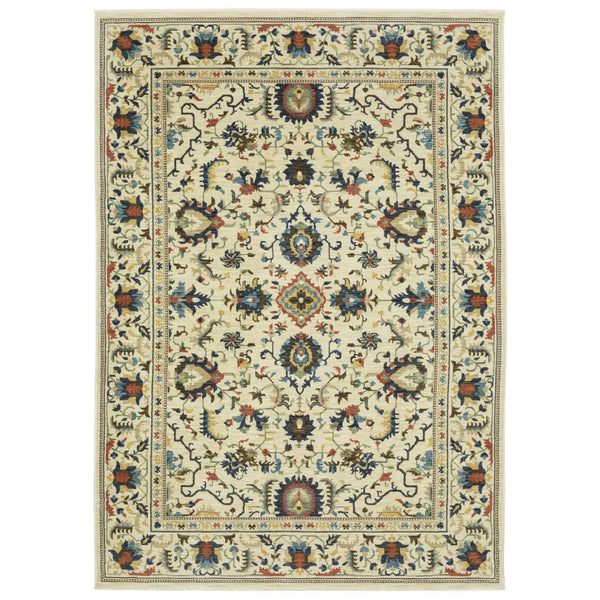 HomeRoots 5' Timeless Ivory Oriental Area Rug with Blue and Orange Accents – Durable, Stain-Resistant Design 7' X 10' 574619