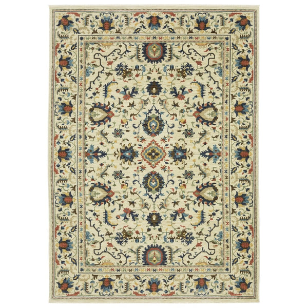 HomeRoots 5' Timeless Ivory Oriental Area Rug with Blue and Orange Accents – Durable, Stain-Resistant Design 7' X 10' 574619