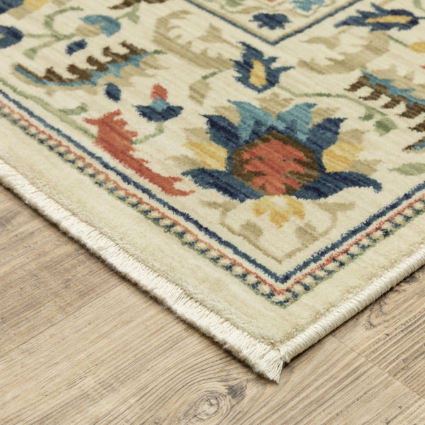 HomeRoots 5' Timeless Ivory Oriental Area Rug with Blue and Orange Accents – Durable, Stain-Resistant Design 7' X 10' 574619