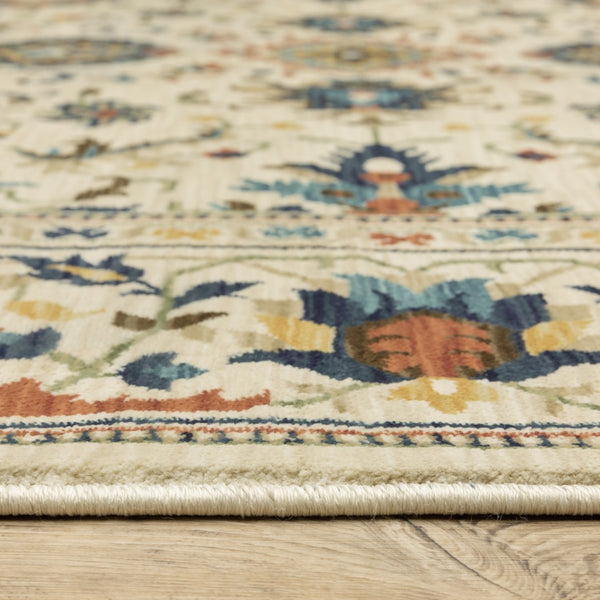 HomeRoots 5' Timeless Ivory Oriental Area Rug with Blue and Orange Accents – Durable, Stain-Resistant Design 7' X 10' 574619