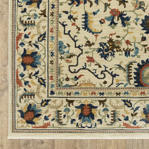 HomeRoots 5' Timeless Ivory Oriental Area Rug with Blue and Orange Accents – Durable, Stain-Resistant Design 7' X 10' 574619