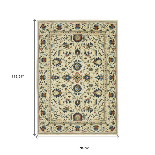 HomeRoots 5' Timeless Ivory Oriental Area Rug with Blue and Orange Accents – Durable, Stain-Resistant Design 7' X 10' 574619