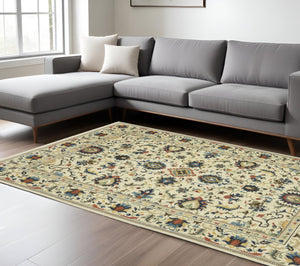 HomeRoots 5' Timeless Ivory Oriental Area Rug with Blue and Orange Accents – Durable, Stain-Resistant Design 8' X 11' 574620