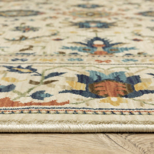 HomeRoots 5' Timeless Ivory Oriental Area Rug with Blue and Orange Accents – Durable, Stain-Resistant Design 8' X 11' 574620