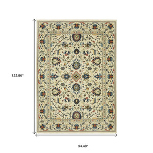 HomeRoots 5' Timeless Ivory Oriental Area Rug with Blue and Orange Accents – Durable, Stain-Resistant Design 8' X 11' 574620