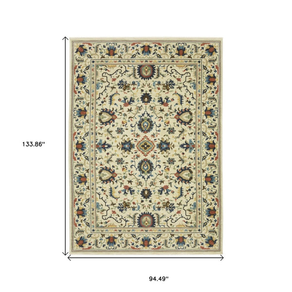 HomeRoots 5' Timeless Ivory Oriental Area Rug with Blue and Orange Accents – Durable, Stain-Resistant Design 8' X 11' 574620