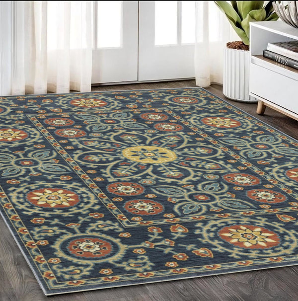 HomeRoots 5' Blue and Rust Medallion Area Rug - Classic Design with Fringed Edges, Stain & Fade Resistant Quality 5' X 8' 574621
