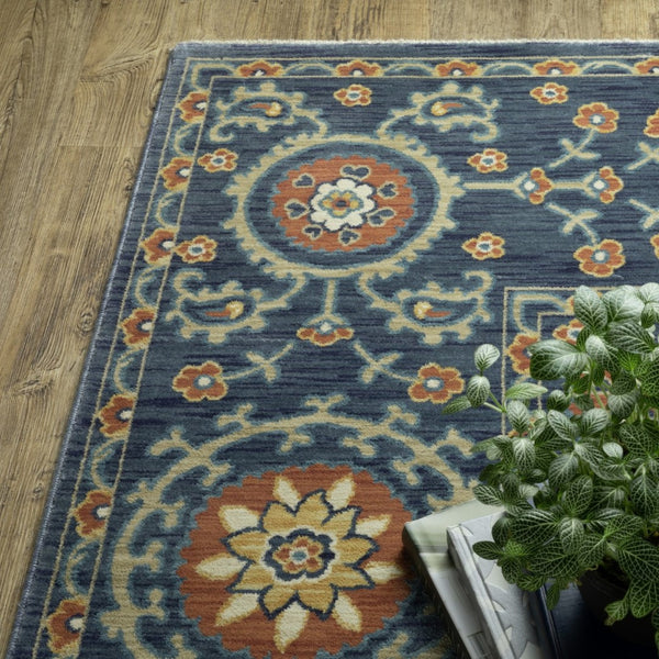 HomeRoots 5' Blue and Rust Medallion Area Rug - Classic Design with Fringed Edges, Stain & Fade Resistant Quality 5' X 8' 574621