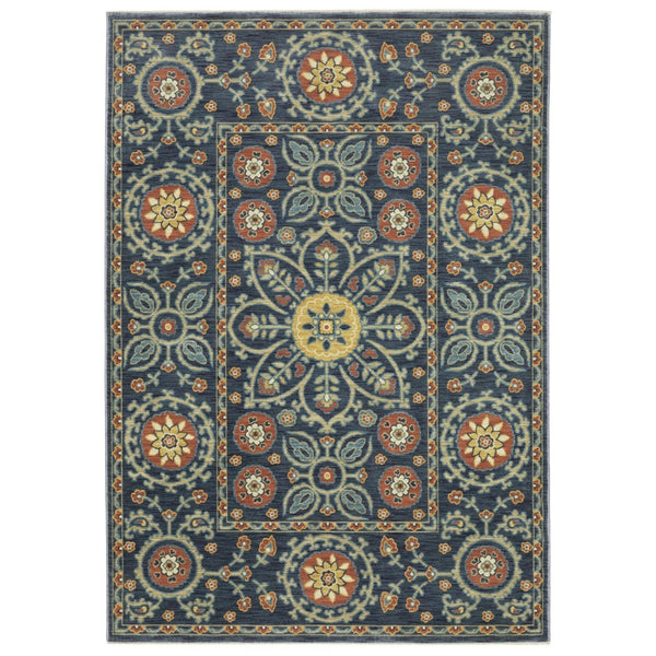 HomeRoots 5' Blue and Rust Medallion Area Rug - Classic Design with Fringed Edges, Stain & Fade Resistant Quality 10' X 13' 574622