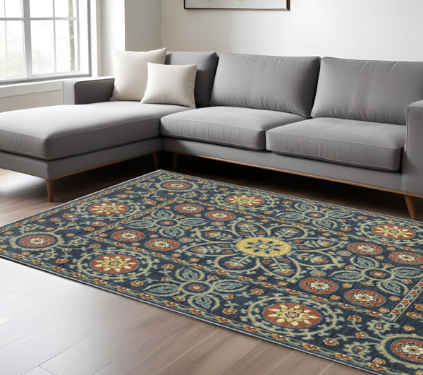 HomeRoots 5' Blue and Rust Medallion Area Rug - Classic Design with Fringed Edges, Stain & Fade Resistant Quality 7' X 10' 574623
