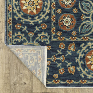 HomeRoots 5' Blue and Rust Medallion Area Rug - Classic Design with Fringed Edges, Stain & Fade Resistant Quality 7' X 10' 574623