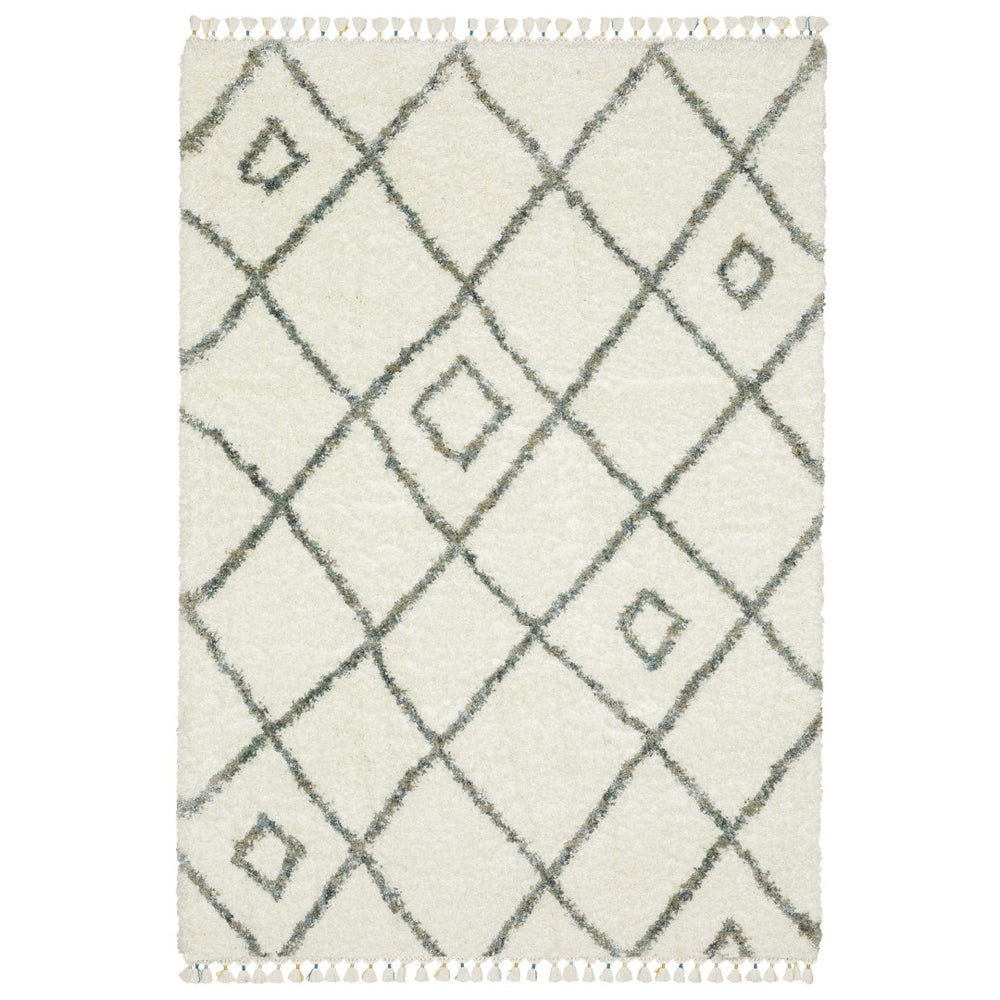 HomeRoots 5' Ivory Gray and Tan Diamond Shag Area Rug with Fringe - Plush, Stain-Resistant Luxury for Homes 5' X 8' 574635