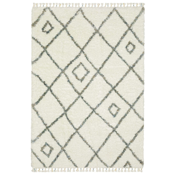 HomeRoots 5' Ivory Gray and Tan Diamond Shag Area Rug with Fringe - Plush, Stain-Resistant Luxury for Homes 4' X 5' 574637