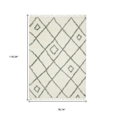 Homeroots 5' Ivory Diamond Shag Area Rug With Fringe - Stylish, Stain-resistant Comfort For Any Space 7' X 10' Polypropylene 574638