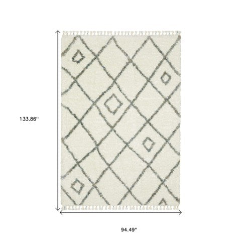 Homeroots 5' Ivory Diamond Shag Area Rug With Fringe - Stylish, Stain-resistant Comfort For Any Space 8' X 11' Polypropylene 574639