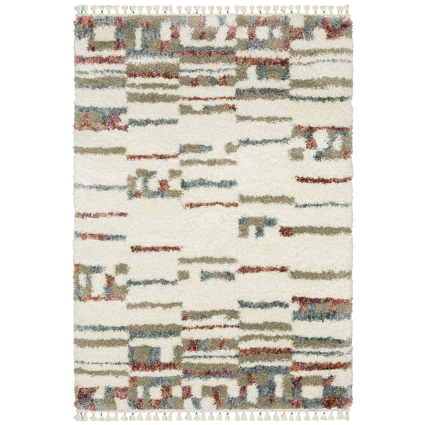 Homeroots 5' Cozy Tan Gray Ivory Abstract Shag Area Rug With Fringe – Stylish, Stain-resistant, Soft Luxury 5' X 8' Polypropylene 574650