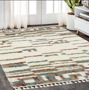 Homeroots 5' Cozy Tan Gray Ivory Abstract Shag Area Rug With Fringe – Stylish, Stain-resistant, Soft Luxury 5' X 8' Polypropylene 574650