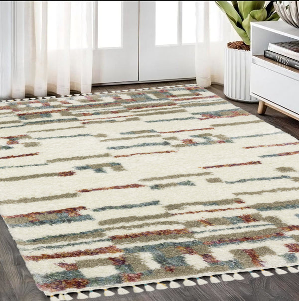 Homeroots 5' Cozy Tan Gray Ivory Abstract Shag Area Rug With Fringe – Stylish, Stain-resistant, Soft Luxury 5' X 8' Polypropylene 574650