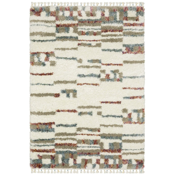HomeRoots 5' Abstract Shag Area Rug in Tan, Gray, and Ivory with Fringe – Soft, Durable, and Stylish Décor Solution 5' X 8' 574650