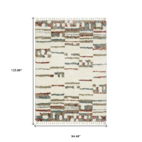 Homeroots 5' Cozy Tan Gray Ivory Abstract Shag Area Rug With Fringe – Stylish, Stain-resistant, Soft Luxury 8' X 11' Polypropylene 574654