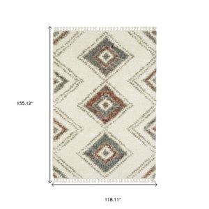 Homeroots 5' Ivory Southwestern Shag Area Rug With Fringe - Cozy, Stylish, And Stain Resistant For Any Decor 10' X 13' Polypropylene 574656
