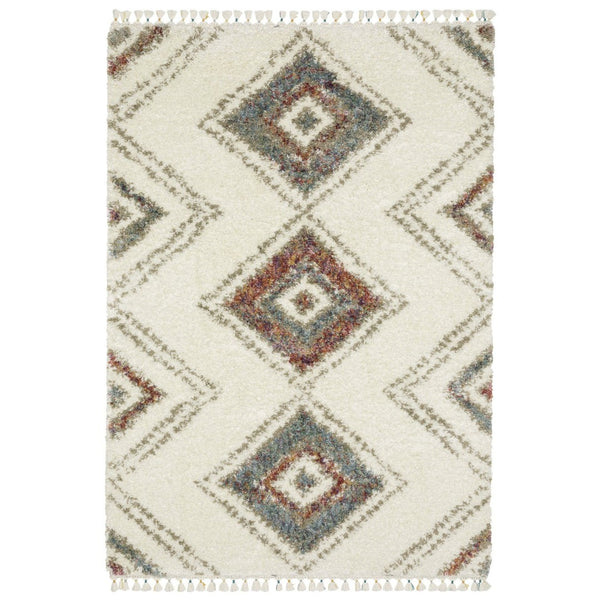 HomeRoots 5' Cozy Southwestern Shag Area Rug in Ivory, Red & Orange with Trendy Fringed Edges for Any Space 4' X 5' 574657