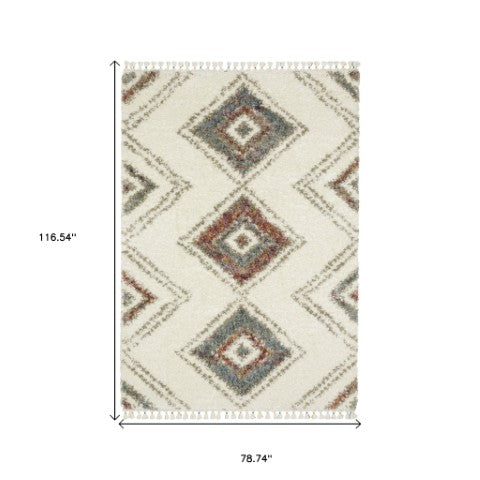 Homeroots 5' Ivory Southwestern Shag Area Rug With Fringe - Cozy, Stylish, And Stain Resistant For Any Decor 7' X 10' Polypropylene 574658