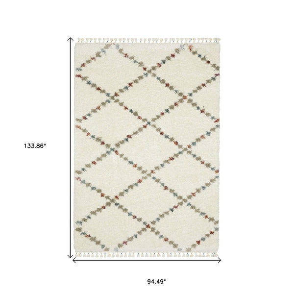 HomeRoots 5' Diamond Shag Area Rug in Gray, Ivory & Tan with Fringed Edges - Soft, Stylish & Durable Decor 8' X 11' 574664