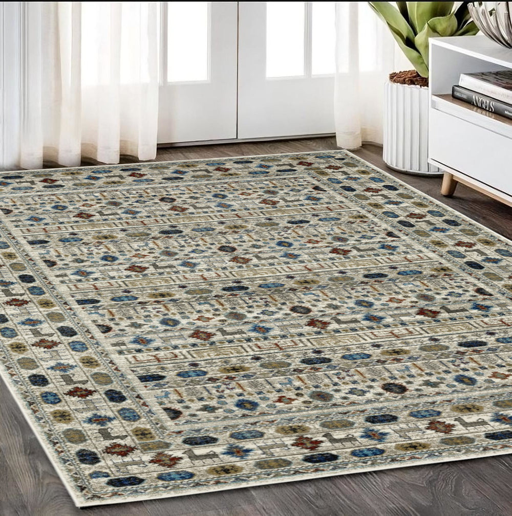 Homeroots 5' Artistry Ivory Tribal Area Rug - Stylish, Stain-resistant Design For Any Home Decor Space 5' X 7' Polypropylene 574665